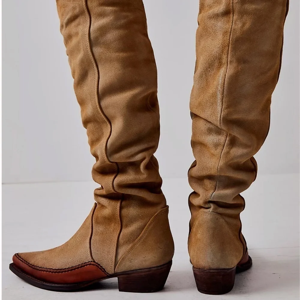 NWOT Free People Sterling Tan Suede Knee High Western Boots Sz 36